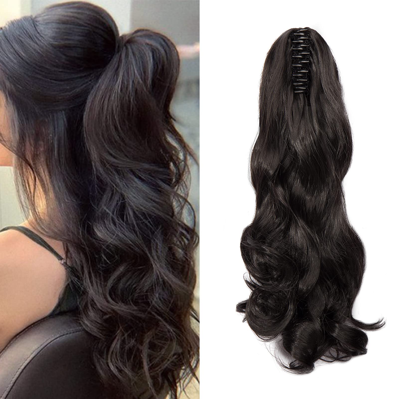 Claw on Ponytail Clip in Hair Extensions Hairpiece Extension Synthetic Curly Wavy Jaw Pony Tail Long Natural (Dark Brown)