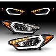 AmeriLite for 2014-2016 Kia Forte w/LED Position Models Projector DRL Light Tube Black Replacement Headlights Assembly Pair - Driver and Passenger Side