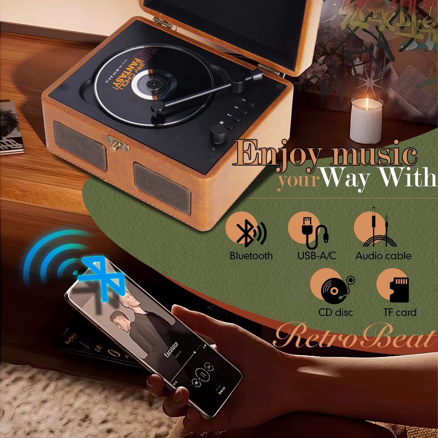 RetroBeat Time Vintage Portable Music Box – CD with Speakers, Bluetooth Transmitter, Rechargeable, USB/AUX, Multi‑Mode Gift(Brown)