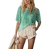 Aimiray Women's Sexy Lace Tops Short Sleeve Round Neck Mesh 3D Printed Floral Sheer Blouse See Through Layering Shirt Tops