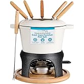 BIRDROCK HOME Cast Iron Fondue Pot Set | 8 Fondue Forks, Chrome Safety Burner | Chocolate, Cheese, Melting, Dip Warmer, Mini Fountain, Covered Strawberries | Wedding Gifts, Hosting Essentials | Cream