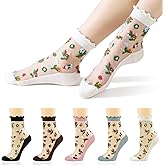 VIBCICY Ruffle Mesh Sheer Crew Socks, Ultrathin Floral Ankle Socks for Women, Summer Transparent Elastic Jacquard