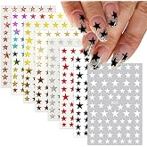 8 Sheets Star Nail Stickers for Nail Art 8 Colors 4th of July Nail Decals-Gold Silver Black White Stars Nail Art Sticker-3D Self Adhesive Stickers for Nails Design Manicure Decorations for Women Girls