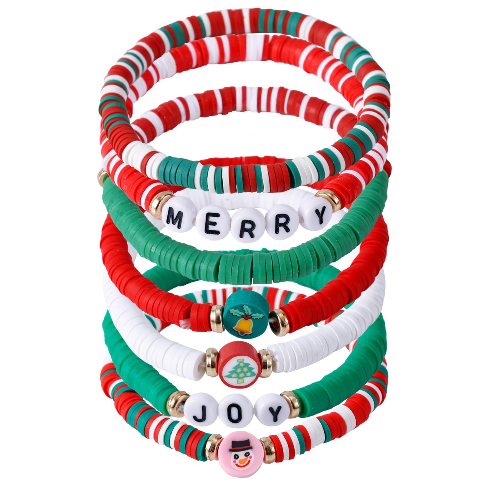 Mikovivi 7pcs Xmas Stackable Bracelets, Cute Christmas Multiple Bracelets with Clay Bead Words Festive Presents Christmas Jewelry Gifts for Women Christmas Party Favors Accessories for Party Supplies
