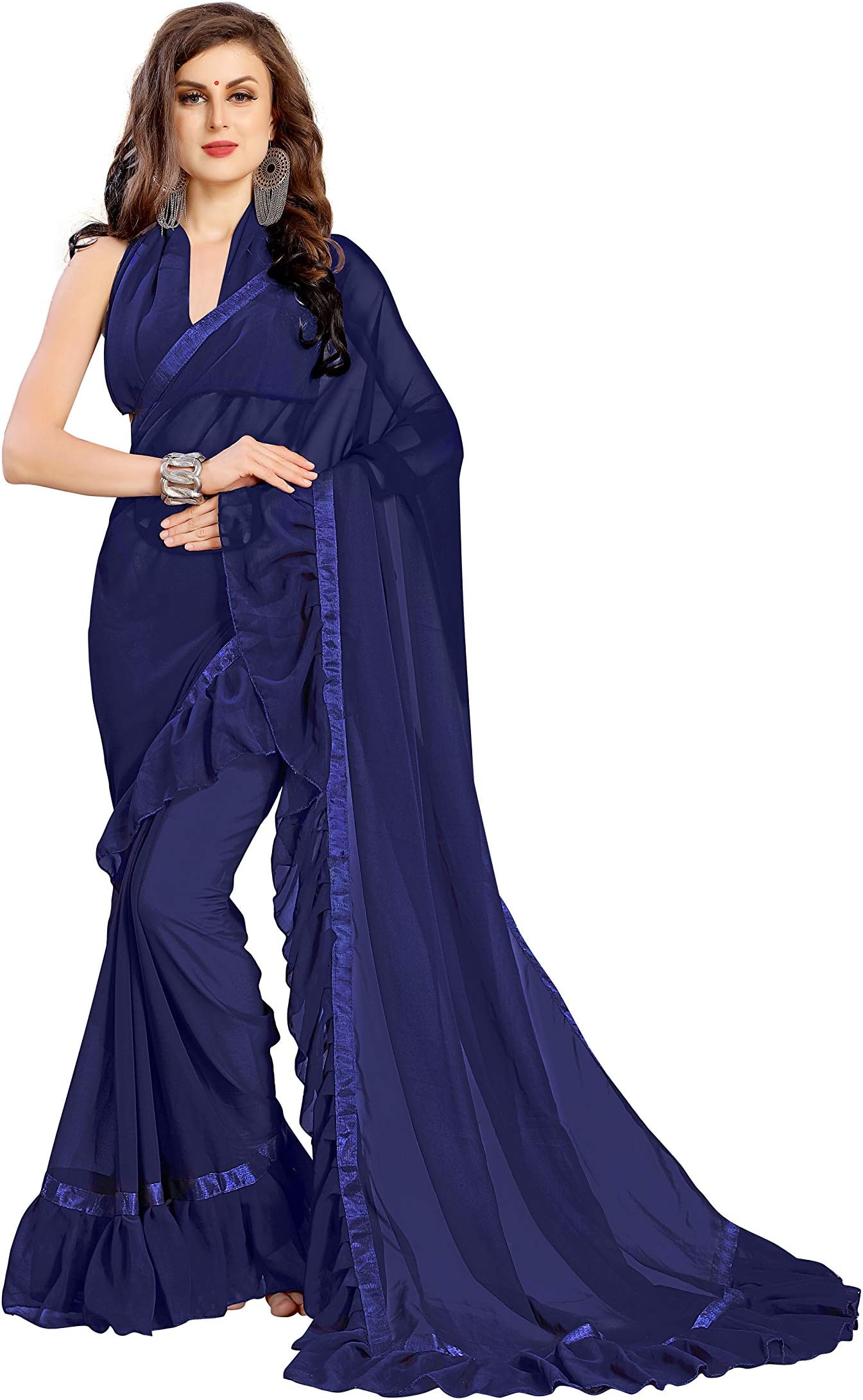FFASHION Women's Georgette Grey Color Ruffle Saree With Blouse Piece | Ruffle Sarees for women (RUFFLE-NEW)