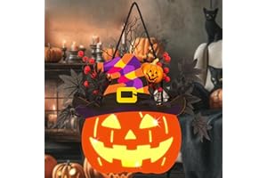 SPRKLINLIN Halloween Pumpkin Decorations, Lighted Jack-O-Lantern with Maple Leaves Berries Witch's Hat, Halloween Wreaths Door Sign Wood Pumpkin for Front Door Indoor Outdoor Yard Party Cartoon Hanger Decor