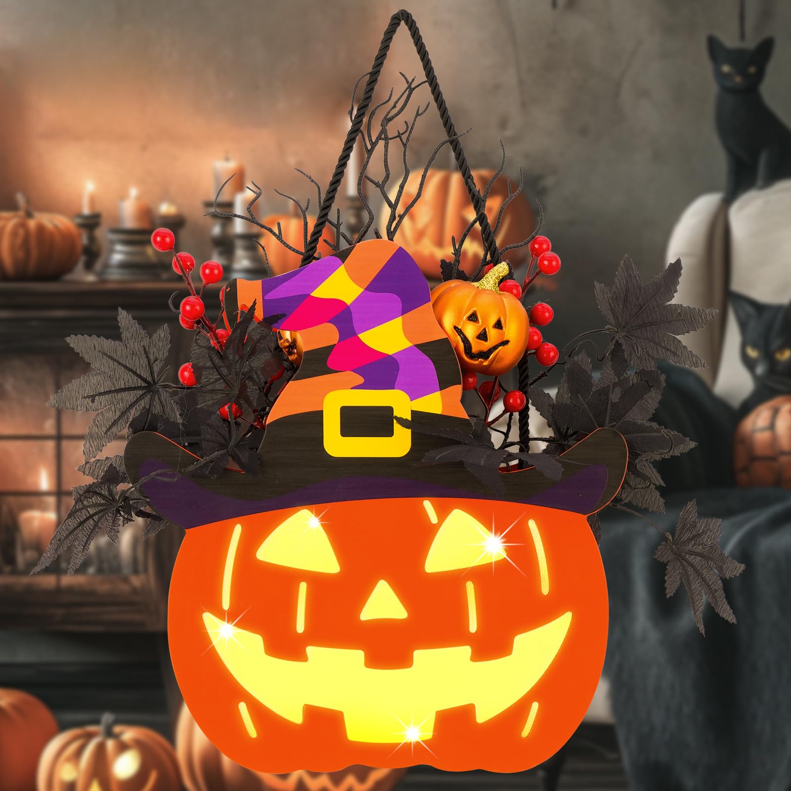 Photo 1 of Halloween Pumpkin Decorations, Lighted Jack-O-Lantern with Maple Leaves Berries Witch's Hat, Halloween Wreaths Door Sign Wood Pumpkin for Front Door Indoor Outdoor Yard Party Cartoon Hanger Decor