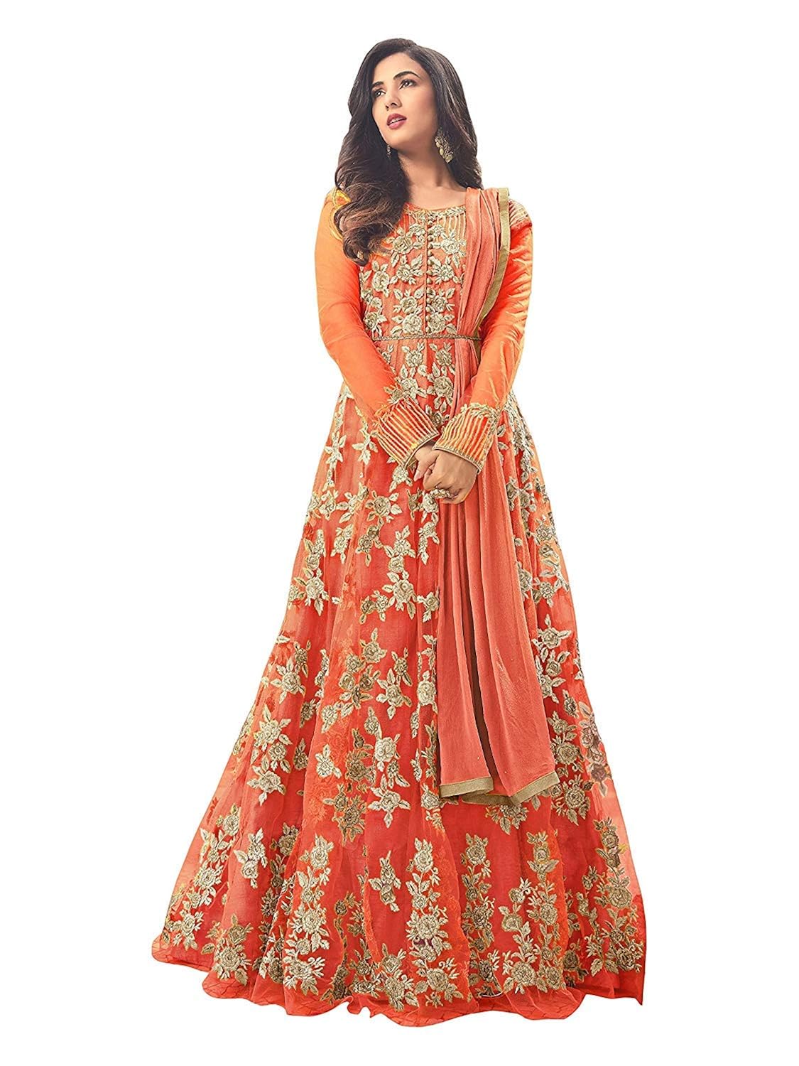 mashur fab women's net heavy embroidered semi-stitched anarkali gown | womens party wear | today preminum new gowns collection 2018 dress(orange_free_size)