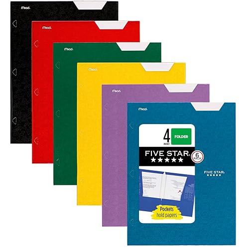 Five Star 4-Pocket Folder, 6 Pack, Paper Folder, Fits 3-Ring Binders, Holds 8-1/2" x 11" Paper, Assorted Colors (38056)