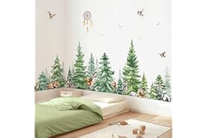 decalmile Large Watercolor Pine Tree Animals Wall Stickers Woodland Forest Tree Fox Deer Bear Wall Decals Baby Nursery Bedroo