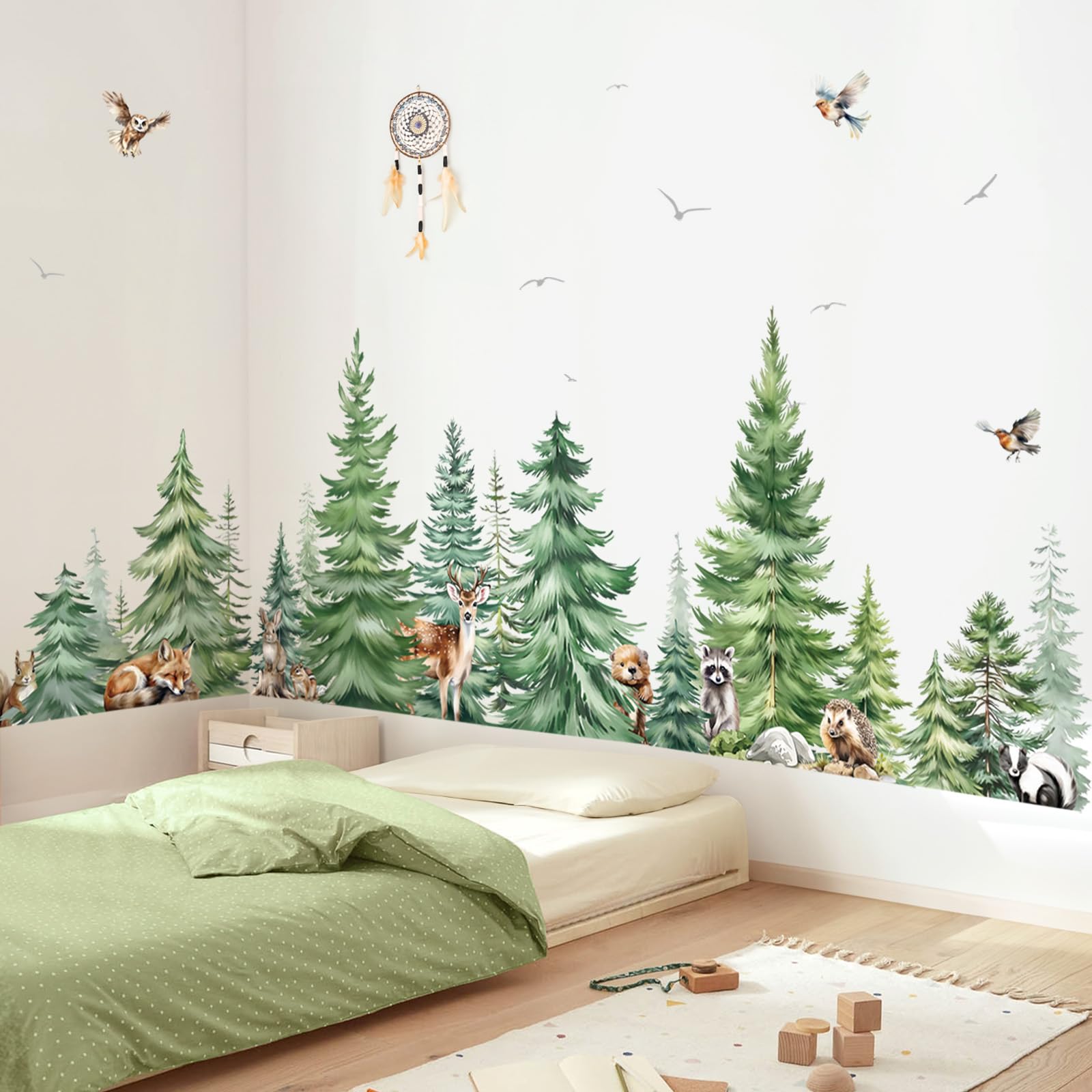 decalmile Large Watercolor Pine Tree Animals Wall Stickers Woodland Forest Tree Fox Deer Bear Wall Decals Baby Nursery Bedroom Living Room Wall Decor （W: 227CM