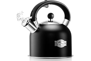 SUSTEAS Tea Kettle - 3.17QT Whistling Kettle with Ergonomic Handle - Premium Stainless Steel Tea Pots for Stove Top, Chic Vintage Teapot with Composite Base, Work for All Stovetops (Black)