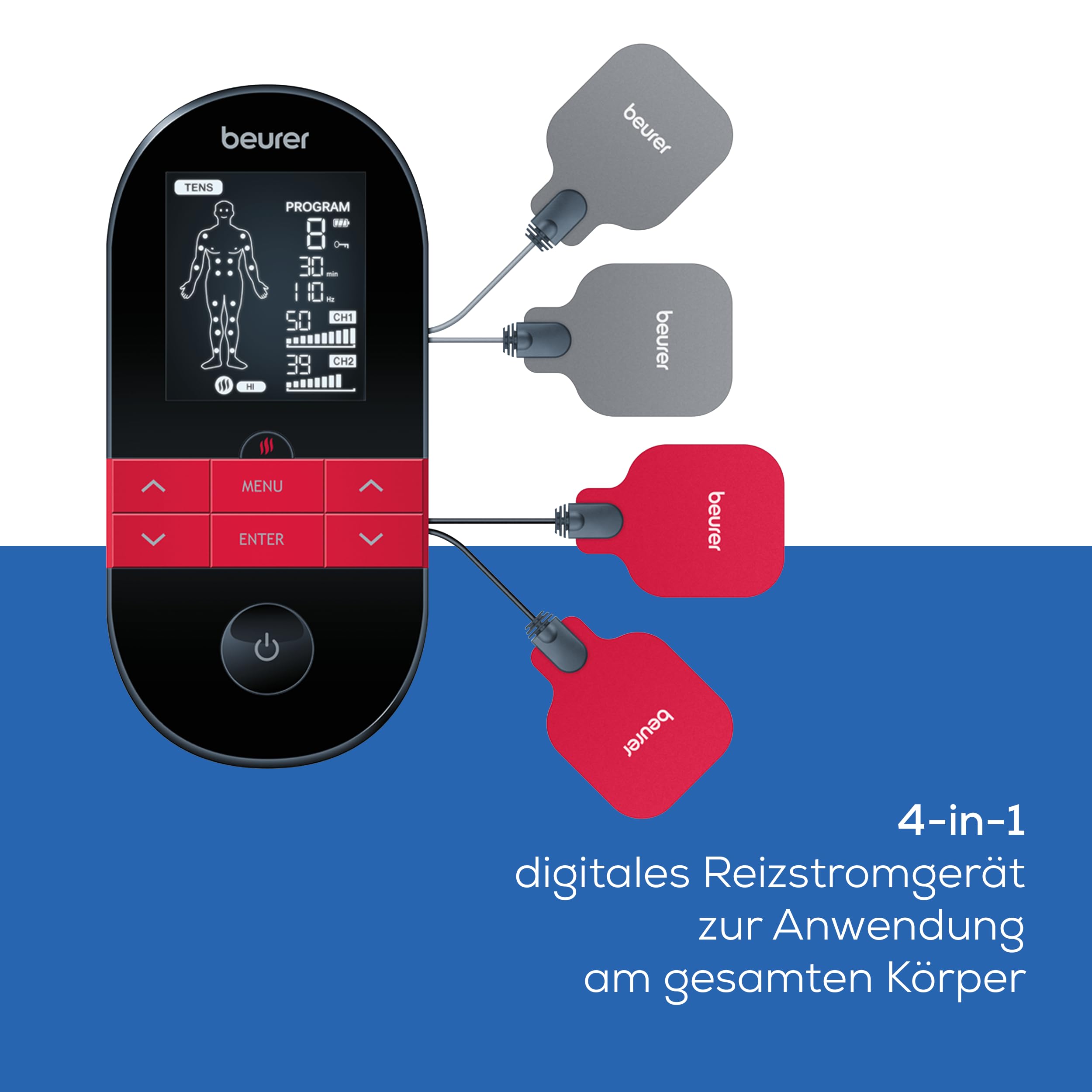 Beurer EM 59 Heat Digital TENS/EMS Device, 4-in-1 Stimulation Current Device for Pain Therapy, Muscle Stimulation, Massage and Heat Therapy, Including 4 Electrodes and Battery
