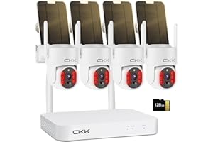 CKK 2.5K Wireless Solar Security Camera System, 4 Pack 360° View PTZ WiFi Cameras, Full Color Night Vision,Easy Setup, 2-Way Audio,10CH WiFi NVR with 128GB Storage, PIR Alarm, Compatible with Alexa