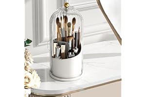 Acina Makeup Brush Organizer with Lids Rotatable 360° Makeup Organizer Brush Holder Dustproof Cosmetic Storage Box,for Vanity Desktop Bathroom Countertop (White)