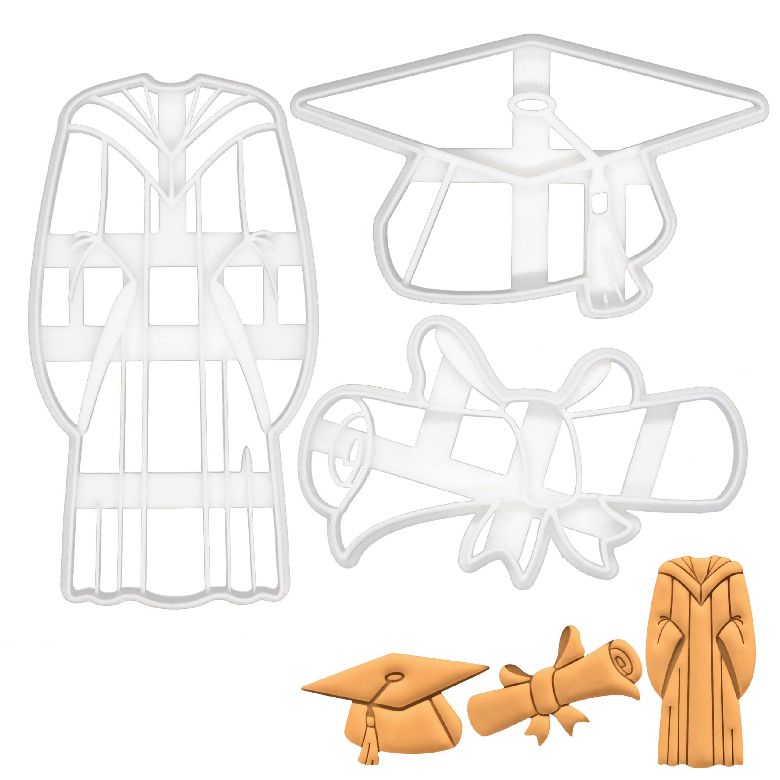 BAKERLOGY Set of 3 Graduation Theme Cookie Cutters (Designs: Mortarboard Hat, Graduation Scroll and Gown) - Detailed Biscuit Cutter Design for Baking and Crafts, Ideal on Fondant, Dough, Clay