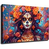 Day of The Dead Woman Wall Decor, Mexican Heritage for Latin Home Decor, Beautiful Skull Woman Aesthetic Posters for Bedroom (Framed,24×36 inch)