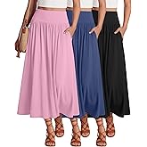 Ficerd 3 Pack Maxi Long Skirts for Women, Ankle Length High Waisted Pleated Flowy a Line Summer Casual Skirts with Pockets