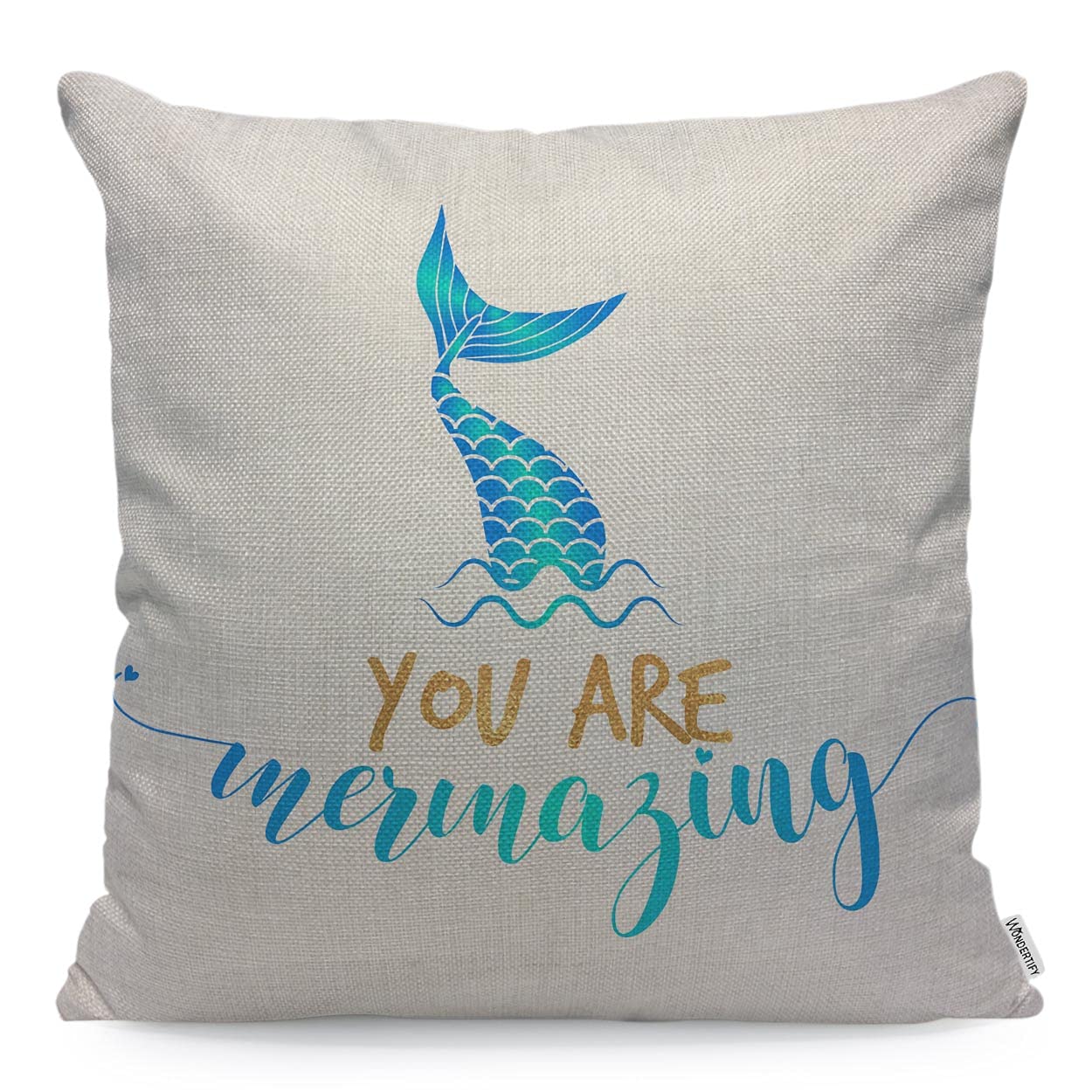 WONDERTIFY Mermaid Cushion Cover Letters You Are Mermazing Animal Fish Tail Pillowcases for Men Women, Pillow Cover Living Room Farmhouse Gradient Blue 45X45 Cm