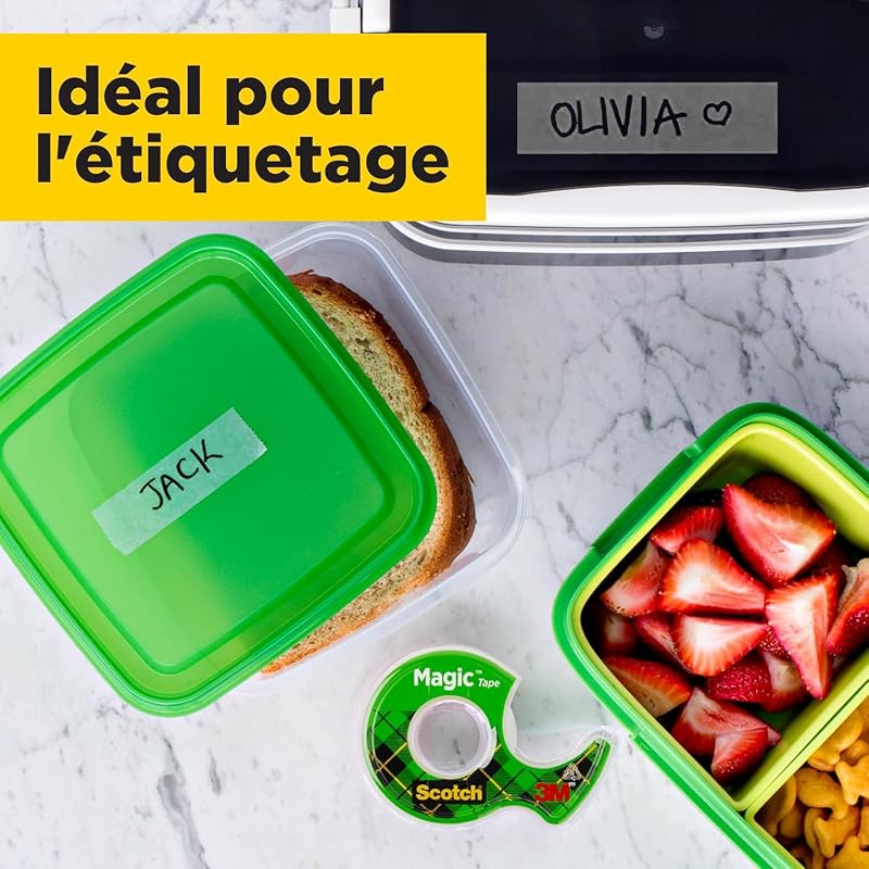 Magic Tape, Rouleaux de Ruban Adhésif Transparent avec Dévidoir, Lot de 3, Ruban de 19mm x 7.5m - Idéal pour le Bureau et l'École