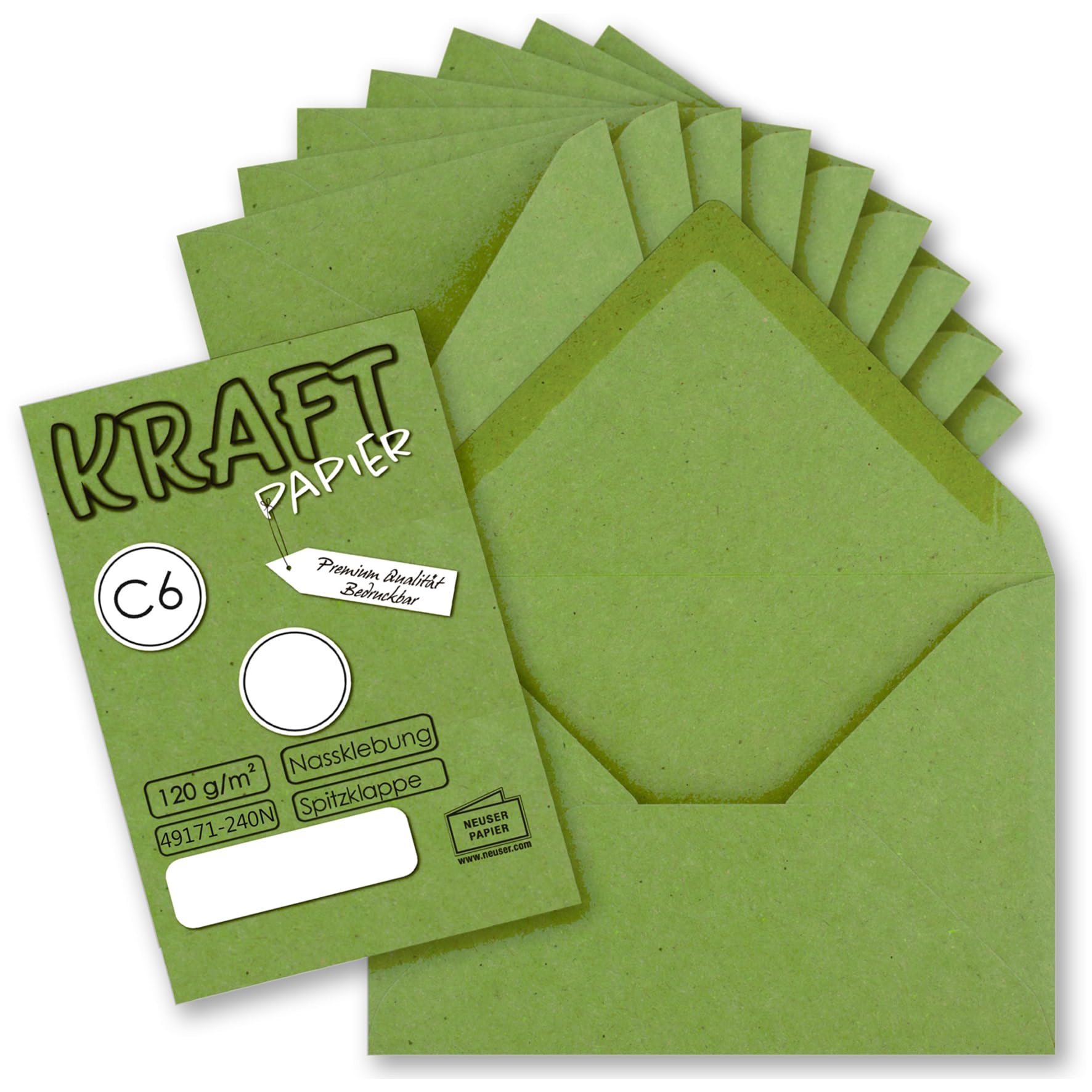 NEUSER PAPIER 75x Kraft paper envelopes DIN C6 light green 11.4 x 16.2 cm without window Vintage envelopes with wet glue pointed flap