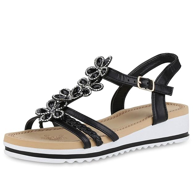 SCARPE VITA Damen Keilsandaletten Blumen Zierperlen