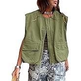 TUREAU Women Cargo Vest Oversize Cropped Sleeveless Jacket Lightweight Ruffle Ruched Fashion Tops Summer Casual Zip Up Outfit