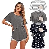 Ekouaer Women's Maternity Shirts Short Sleeves Nursing Tops 3 Pack Double Laye Breastfeeding Tees Pregnancy Clothes S-XXL