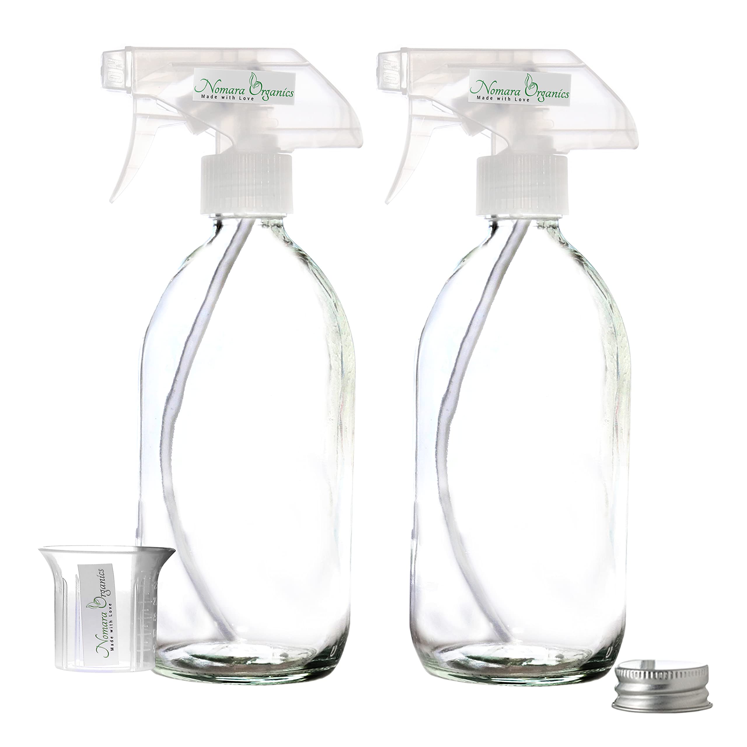 Nomara Organics Clear Glass Spray Bottles with Fine Mist Trigger Pumps, 2 Pack, Refillable and Reusable Misting Sprayers for Cleaning Solutions, Oil, Vinegar, in Kitchen, Bathroom. 300mL
