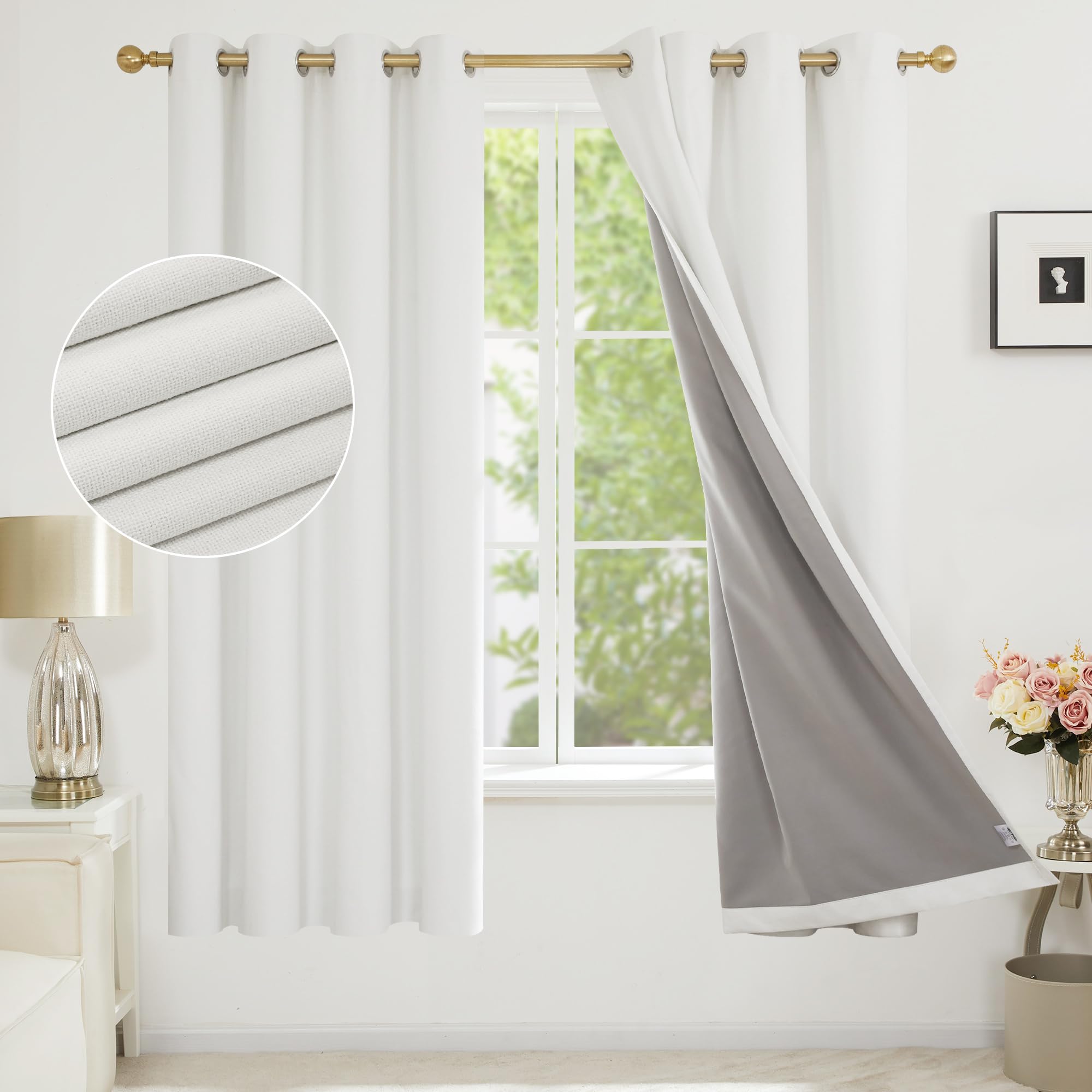 Deconovo 100% Blackout Curtains with Coating, Faux Linen White Eyelet Thermal Curtains for Bedroom, 46 x 72 Inch(Width x Length), White,One Pair
