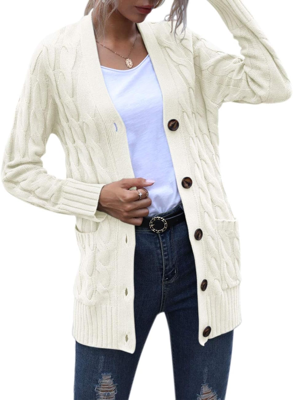 MEROKEETY Women's Long Sleeve Cable Knit Sweater Open Front Cardigan Button Loose Outerwear at  Women’s Clothing store