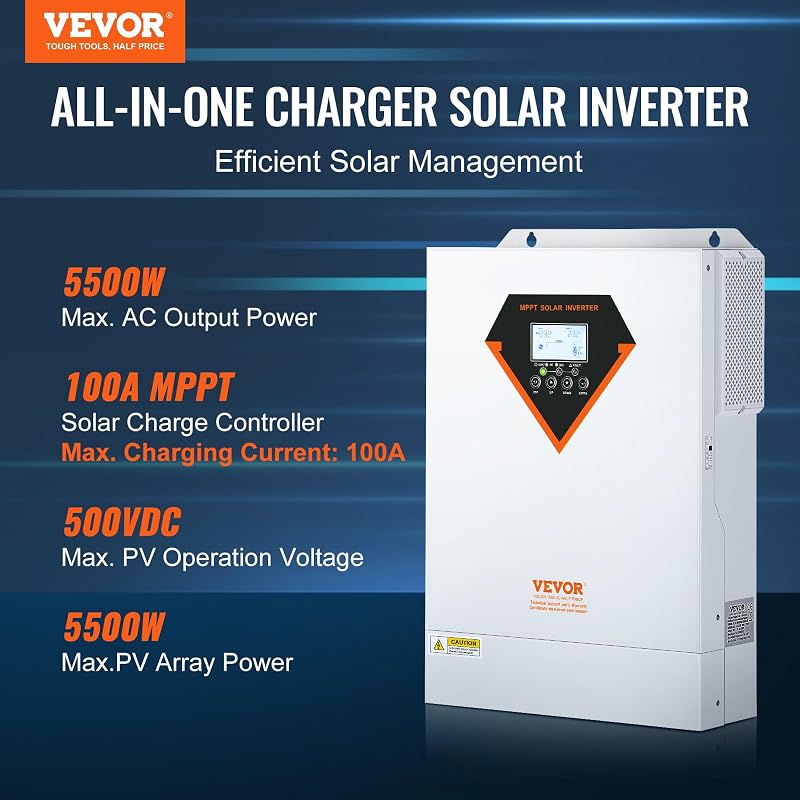 Inversor Híbrido de 5500W Inversor Solar Híbrido 230V AC Cargador Fuera de la Red de Onda Sinusoidal Pura con Controlador de Carga Solar MPPT Incorporado de 100 A, Carga Híbrida, Utilidad, Solar