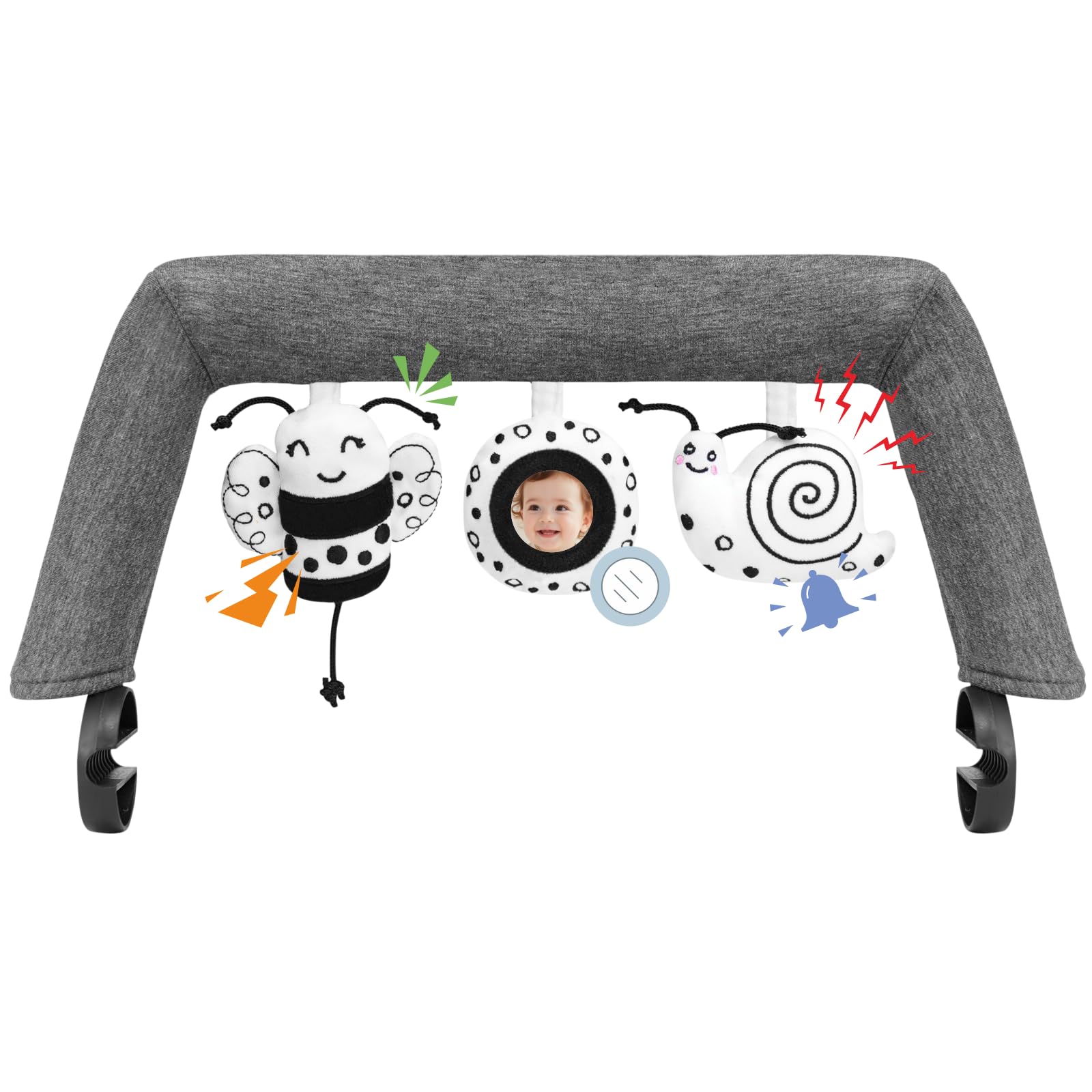 iGRATENS Baby Bouncer Toy Bar, Toy Bar for Baby Bouncer with 3 PCS Sensory Toys, Easy to Attach and Remove, Skin -Friendly, Machine Washable, Black and White, Soft