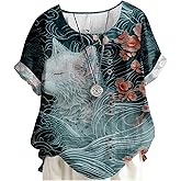 MARSVOVO Funny Cat Blouse Women Cute Print Short Sleeve Casual Tunic Tops for Women Loose Fit Dressy Decorative Buttons