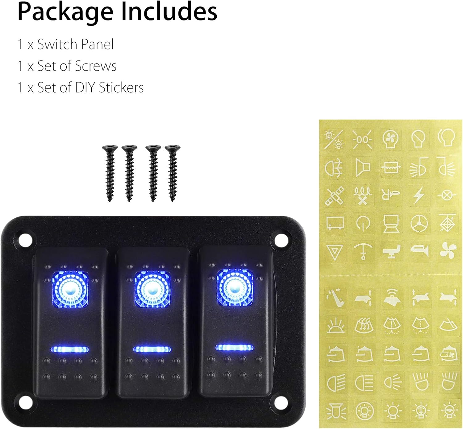Linkstyle 3 Gang Car Boat RV Marine Switch Panel Rocker Switch Panel with Blue LED Light 5 Pin ON/Off Switch Panel with DIY Stickers Set: Automotive