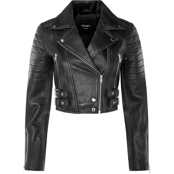 Infinity Women's Chic Black Cropped Leather Biker Jacket 16 at