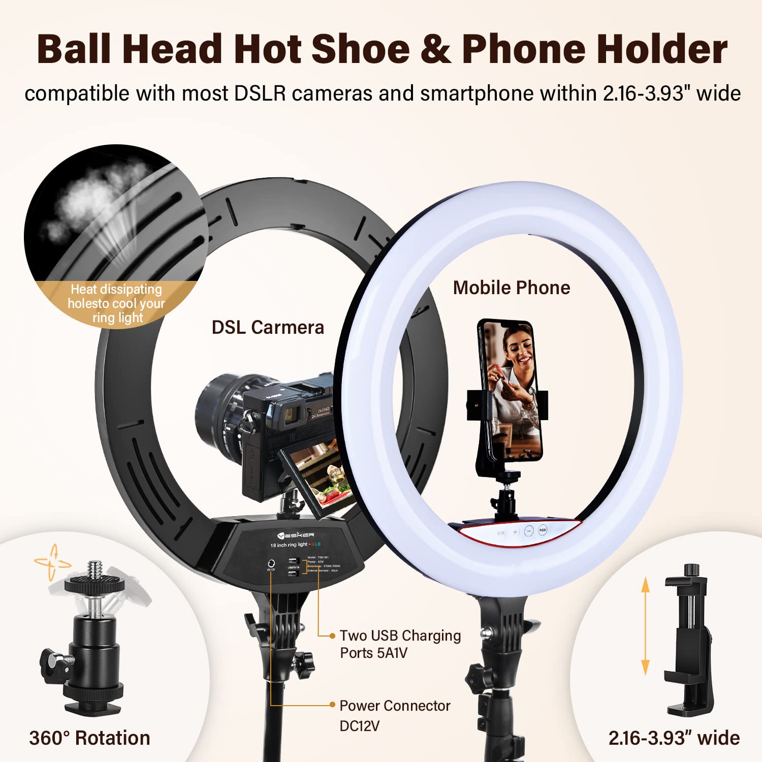 Yesker Ring Light with Tripod Stand and Phone Holder 18 Inch RGB Ringlight 25 RGB Modes Bi-Color Adjustable 2700–7000K LED Selfie Halo Light Kit for Live Stream Photography Zoom Makeup Youtobe Tiktok