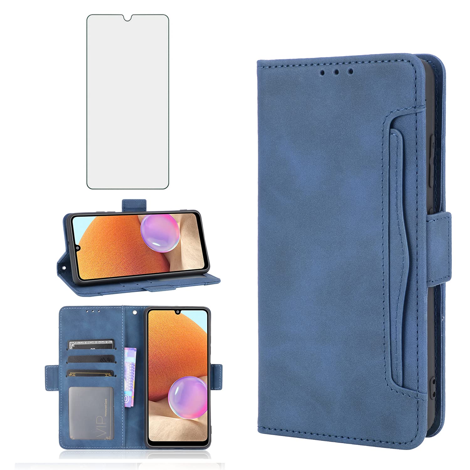 Phone Case for Samsung Galaxy A32 5G 6.5 inch Wallet Purse Leather Flip Cover With Tempered Glass Screen Protector Card Holder Slot Stand Kickstand Cell Accessories Glaxay A 32 32A S32 G5 A326U Blue