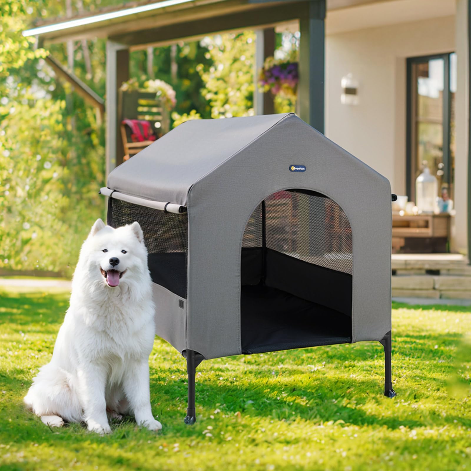 Photo 1 of Veehoo 35" Dog House, 2-in-1 Large Dog House Outdoor Indoor Weatherproof, Outside Elevated Dog Cot Bed Dog Tent Shade, Three-Sided Breathable Mesh Windows and Sunshades, CWC2435CP