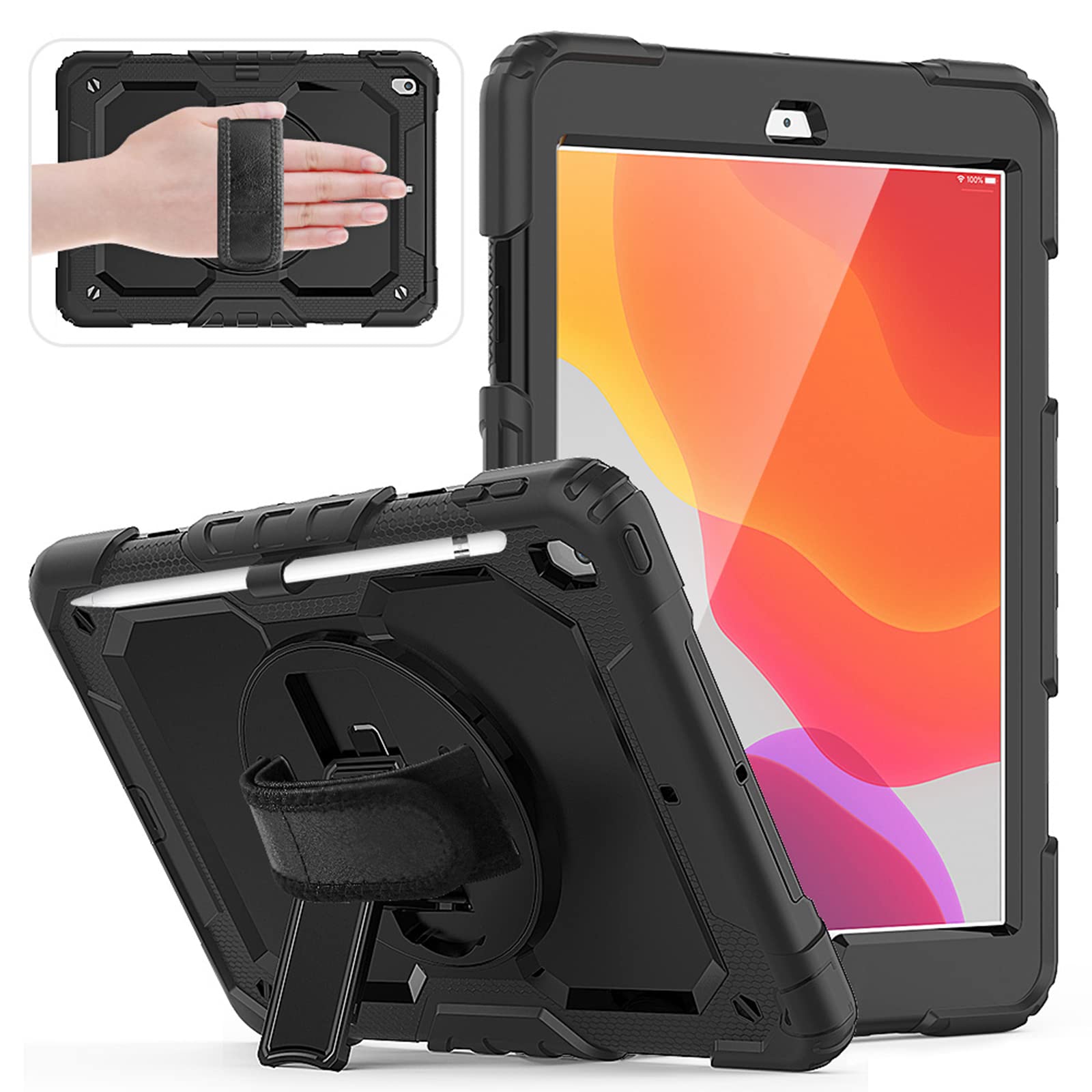 HUEZOE Case Compatible with iPad 10.2 Inch, 2021/2020/2019 Model, Full Body Shockproof Protective Cover with 360 Degree Rotating Stand Hand Strap Shoulder Strap for iPad 9/8/7 Generation, Black