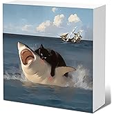 ZNGFON Funny Shark Desk Home Table Decor Sign,Black Cat Attack Shark Decor, 5x5 Inch