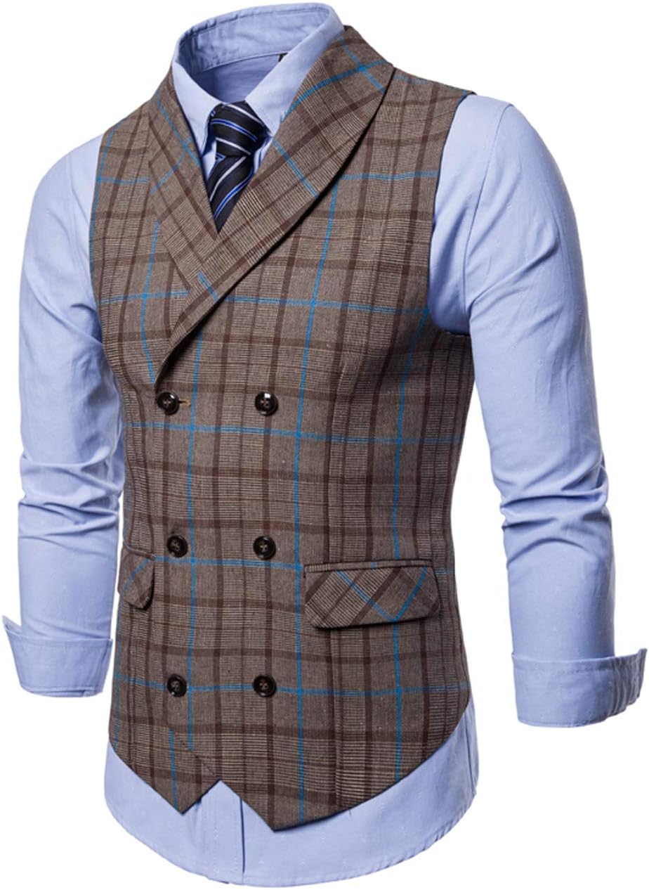 SAOVERE Men's Plaid Suit Vest Double Breasted Business Formal Big&Tall Vintage Waistcoat