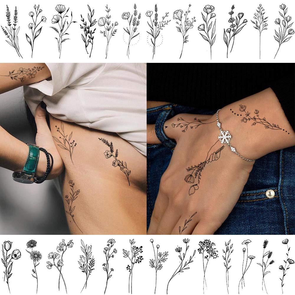 FANRUI 15 Sheets FANRUI Sexy Tiny Branch Black Flower Temporary Tattoos For Women Girl Neck Realistic Floral Bouquet Small Tattoo Temporary Lavender Fake Tattoo Sticker For Adults Face Hands Kit