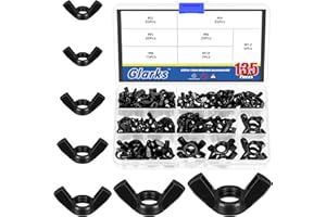 Glarks 135Pcs M3 M4 M5 M6 M8 M10 M12 Black Wing Nuts Assortment Kit, 7 Sizes High Strength Carbon Steel Butterfly Nuts, Metric Wing Bolt Fasteners, Hand Twist Tighten Ear Wing Nuts