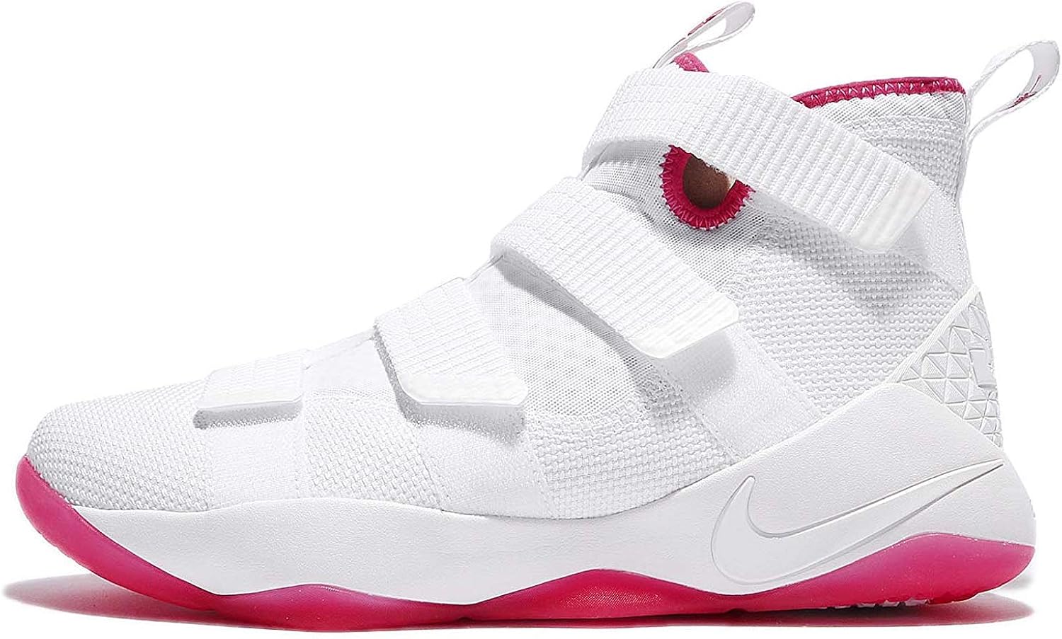 white and pink lebrons