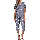 Ekouaer Women's Sleepwear Capri Pajama Sets Short Sleeve Two-Piece Pjs V Neck Tops & Capri Pants with Pockets S-3XL
