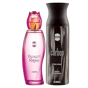 Ajmal Desert Rose EDP Floral Oriental Perfume 100ml for Women and Carbon Homme Deodorant Citrus Spicy Fragrance 200ml for Men+ 2 Parfum Testers FREE