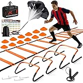 Agility Ladder, Soccer Football Training Equipment Set - 20ft Speed Ladder, 4 Hurdles,Parachute, 12 Cones &amp; Jump Rope | Agility &amp; Speed Training for Kids Youth Adults,Basketball &amp; Football Accessories
