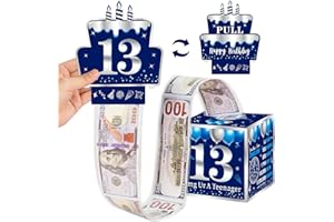 Turypaty 13th Birthday Pull-Out Money Gift Box for Boys Girls - Blue Sliver Happy Sweet 13th Birthday Party Cash Gift Box with Pull-Out Card - A Fun and Loving Way to Offer Cash Present