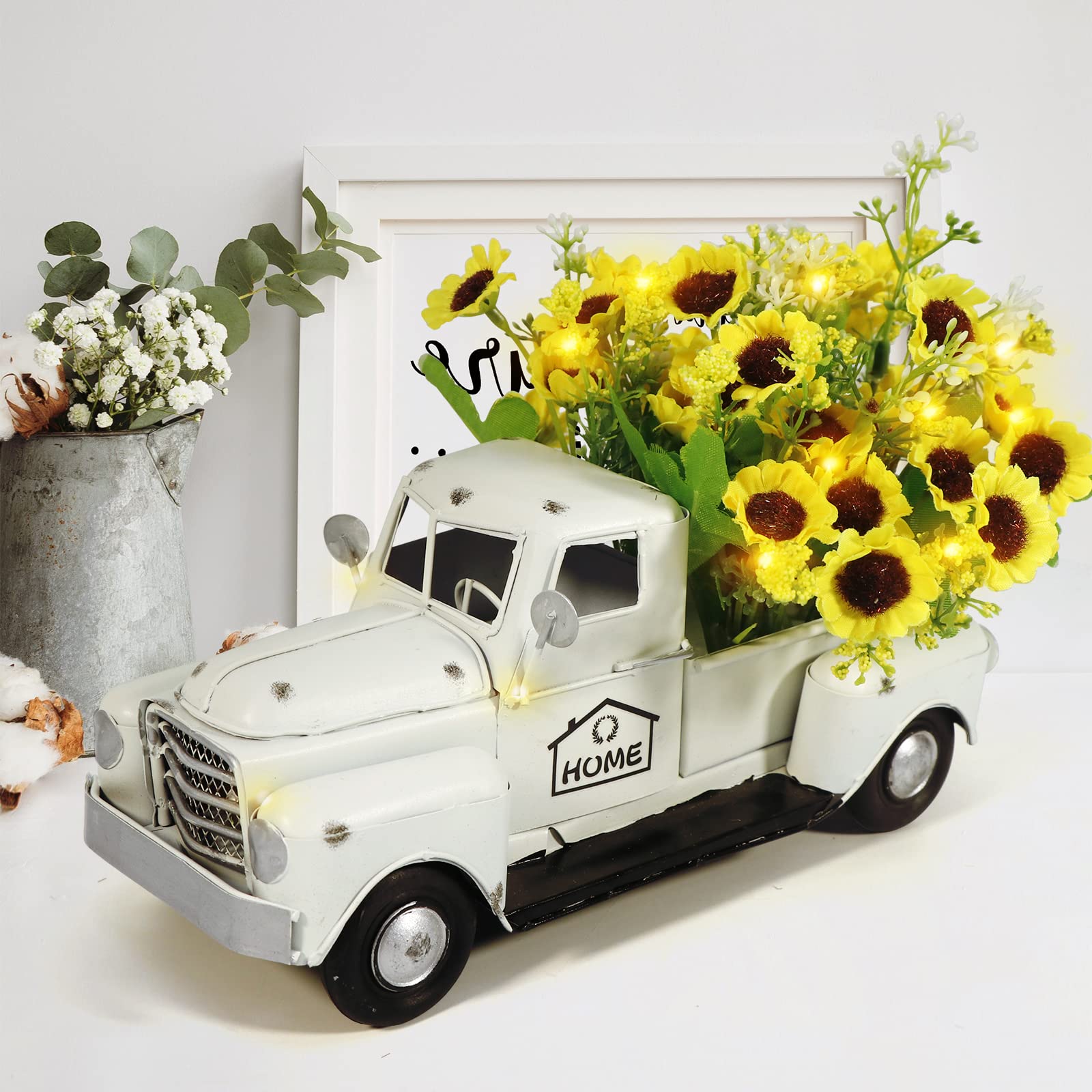Photo 1 of OurWarm Vintage White Truck Decor with Sunflowers Artificial Flowers Farmhouse Table Decor, LED String Lights Metal Truck Sunflower Decor for Home Rustic Farmhouse Tiered Tray Decor, Table Top Decor